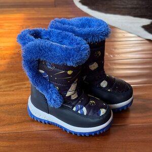 Kids Blue Space-Print Snow Boots with Faux Fur